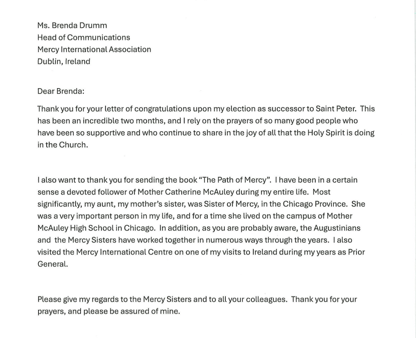 Pope Leo XIV Sends Message of Gratitude to Mercy International Association
