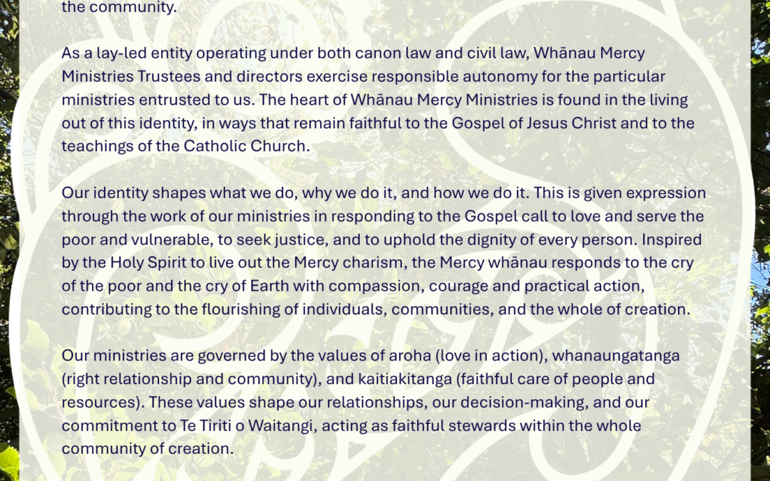 Whānau Mercy Ministries Identity Statement